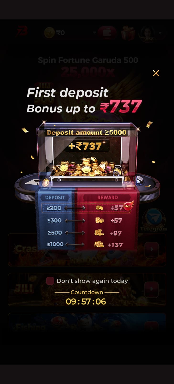 First deposit bonus screen showing reward up to ₹737 with deposit reward tiers