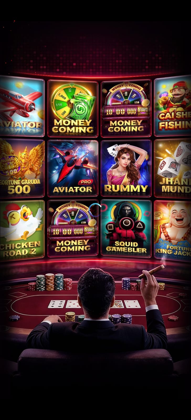 Online gaming lobby showing Aviator, Money Coming, Rummy, Chicken Road and other games